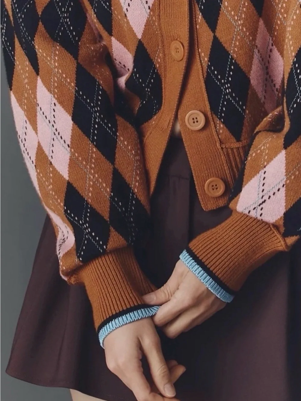 Maeve Brown Black Pink Argyle Cardigan Sweater